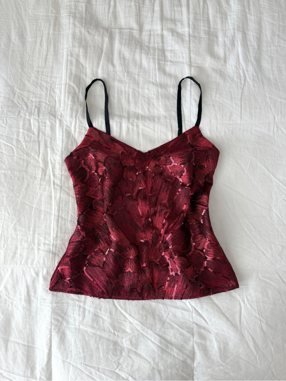 Y2K White House Black Market Red Floral Sequin Corset Tank